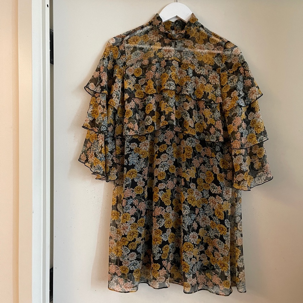 Zara Black Floral Mini Dress with Mustard and Pink Flowers